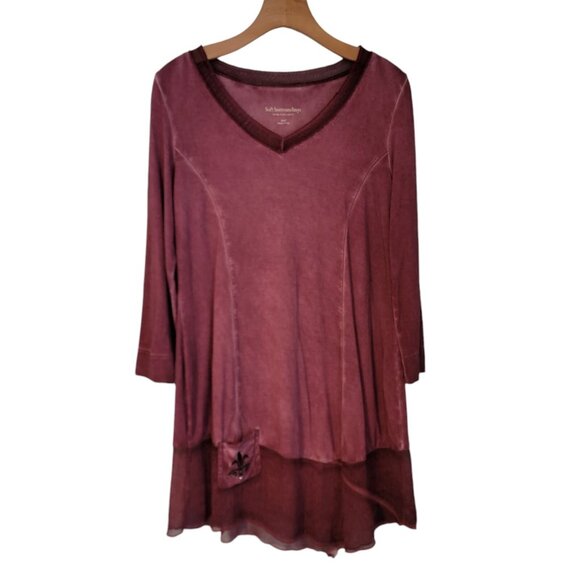 Soft Surroundings Top Oversize Tunic Size S  V-Neck Chiffon Trim Raspberry - Picture 1 of 11